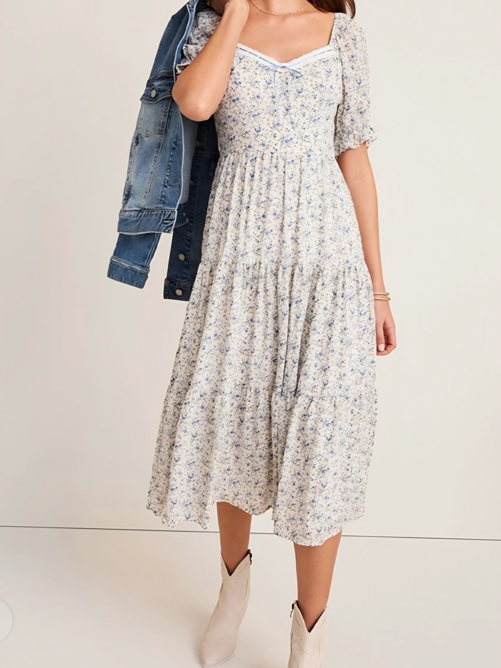 Francesca's Collections Cream Midi Dress with Blue Floral Print